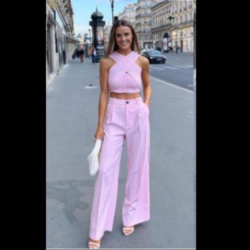 ZARA WOMAN NEW High-waisted PINK WIDE LEG MENSWEAR STYLE PANTS 1608/124 M